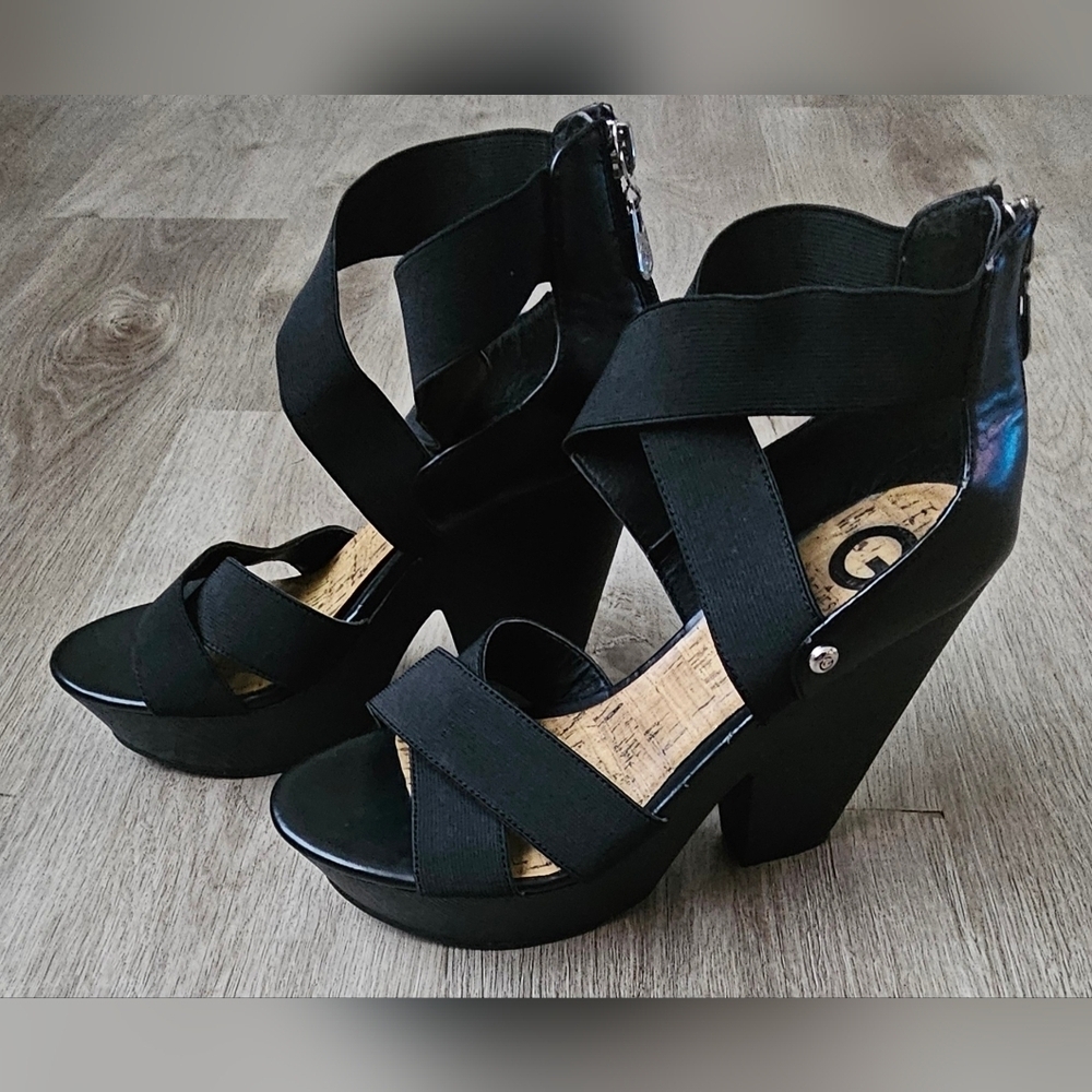 G by Guess Black Crisscross Platform Heels – Size 8M